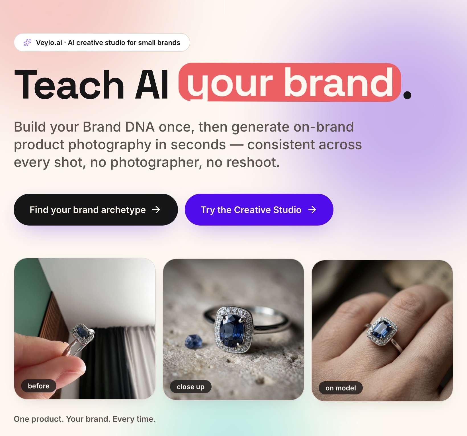 Veyio hero screen — Teach AI your brand